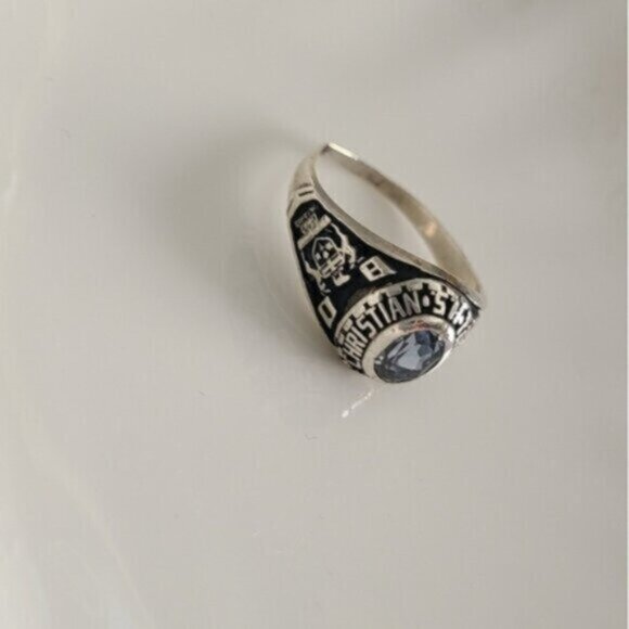 Men's 80s Academia Prep Sterling Silver Blue Topaz Signet School Cigar Ring 10 - Picture 4 of 6